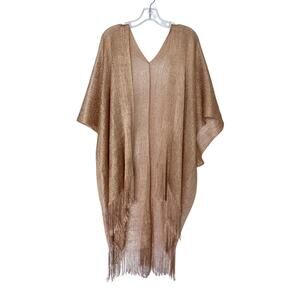 Gold open-front kimono cardigan swimsuit cover-up sheer shawl tassels finge OS